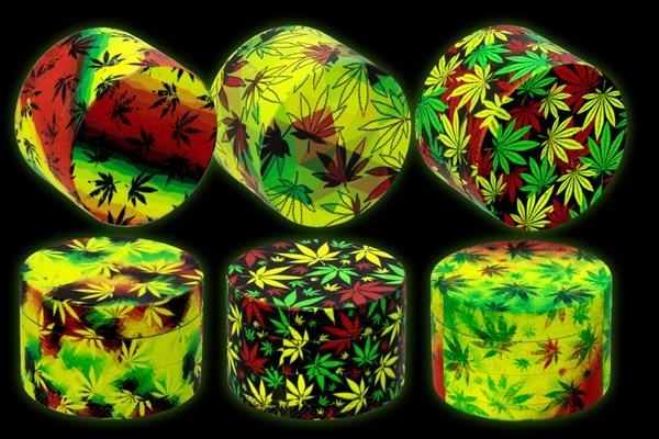 1 CNC Aluminium Grinder/Polinator, 50mm 4-teilig "Glow in the Dark - Leaf II (Rasta)"